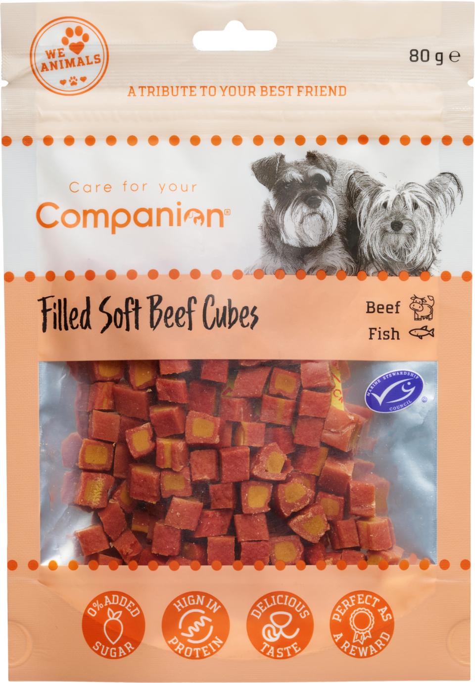 Companion Soft beef cubes - oksekød fyldt med laks & torsk 80g.